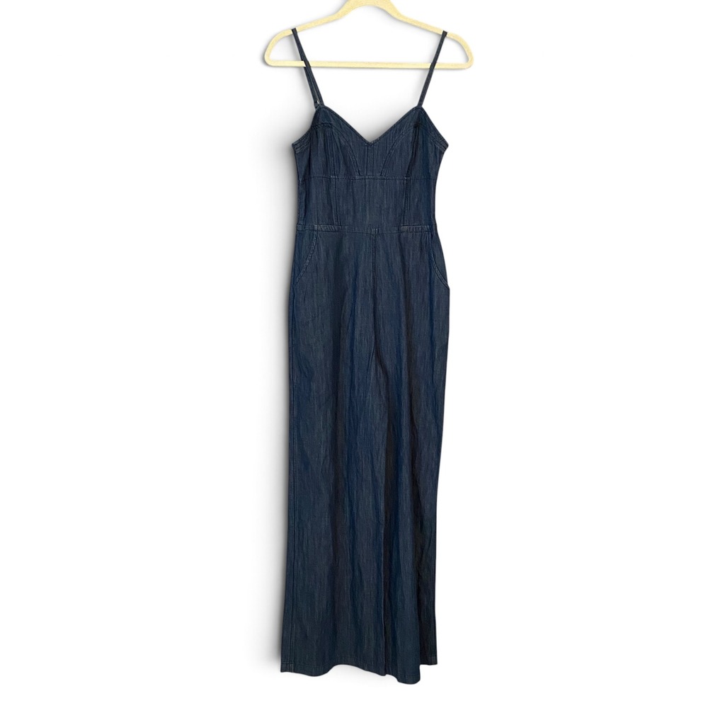 Express Jumpsuit Women 4 Blue Denim Wide Leg Smocked V-Neck Sleeveless Casual